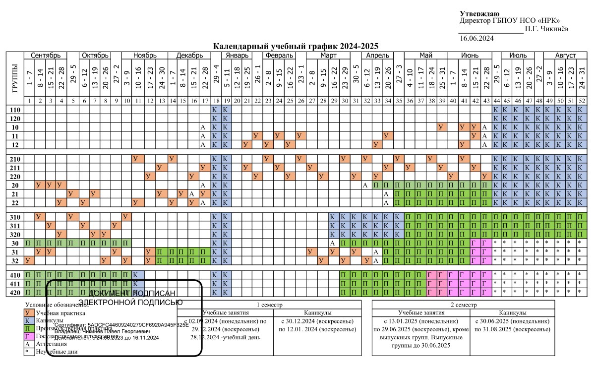 Календарный график  ГБПОУ НСО НРК на 2024-2025г.г.